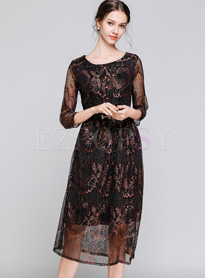Three Quarters Sleeve Hollow Out Waist Lace Dress