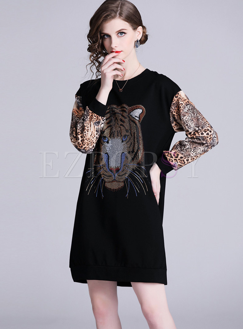 O-neck Plus Size Leopard Splicing Loose T-Shirt Dress