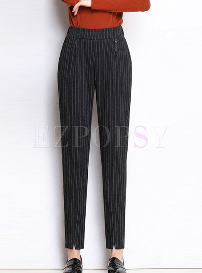 Elastic High Waist Striped Slit Long Pencil Pants