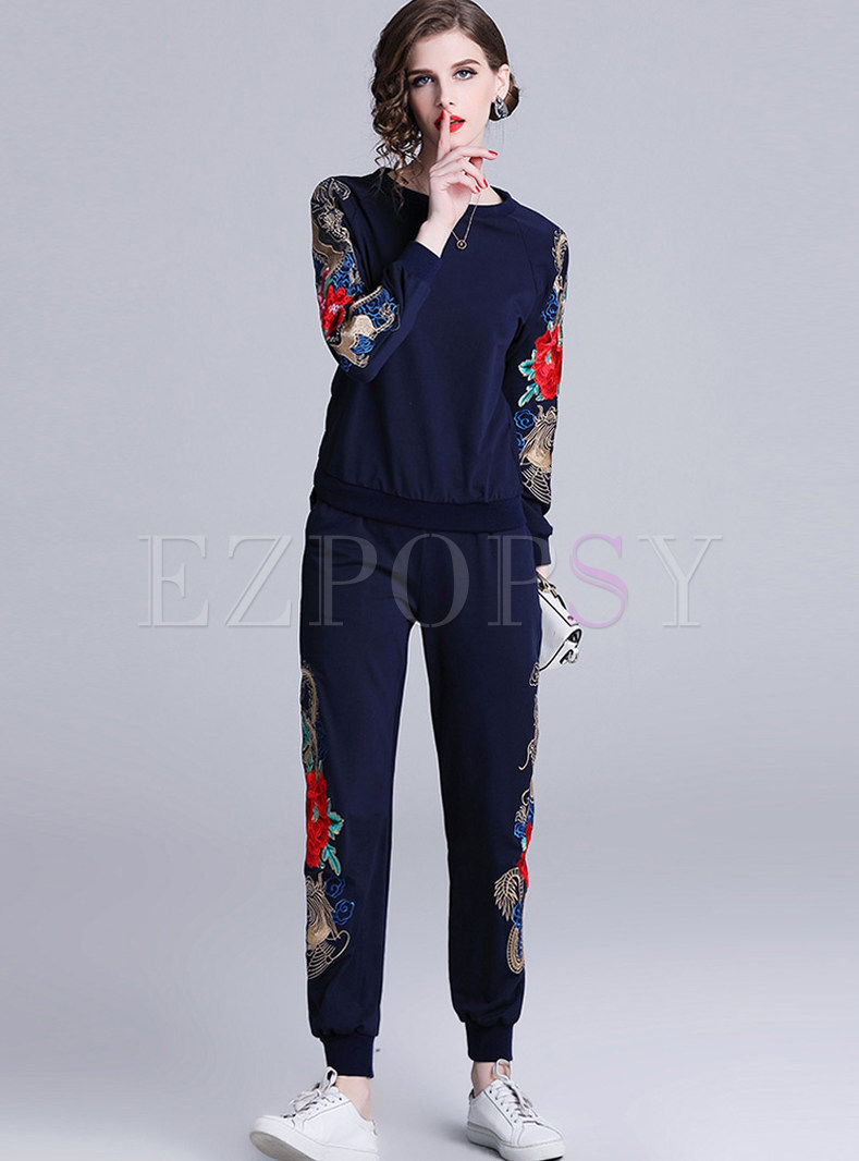 Casual O-neck Long Sleeve Embroidered Sweatshirt Suit