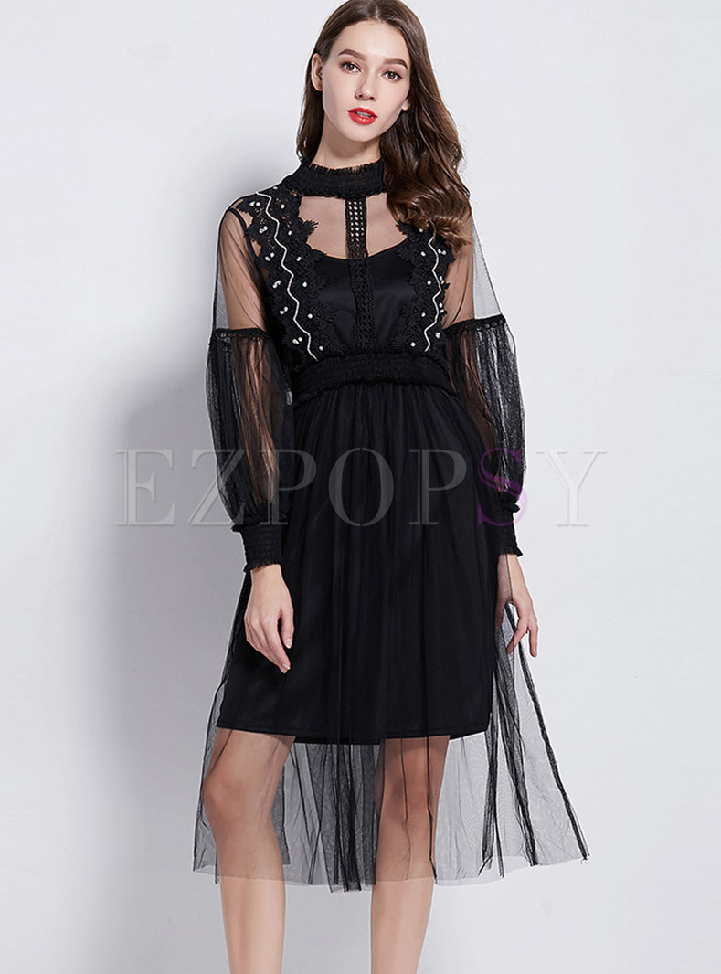 Black Sexy Perspective Lantern Sleeve Dress With Sling