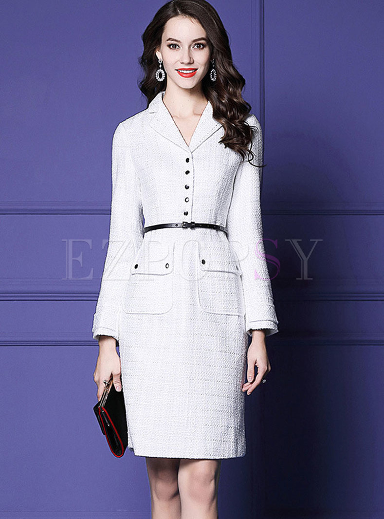 Stylish White Retro V-neck Woolen Slim Dress With Belt