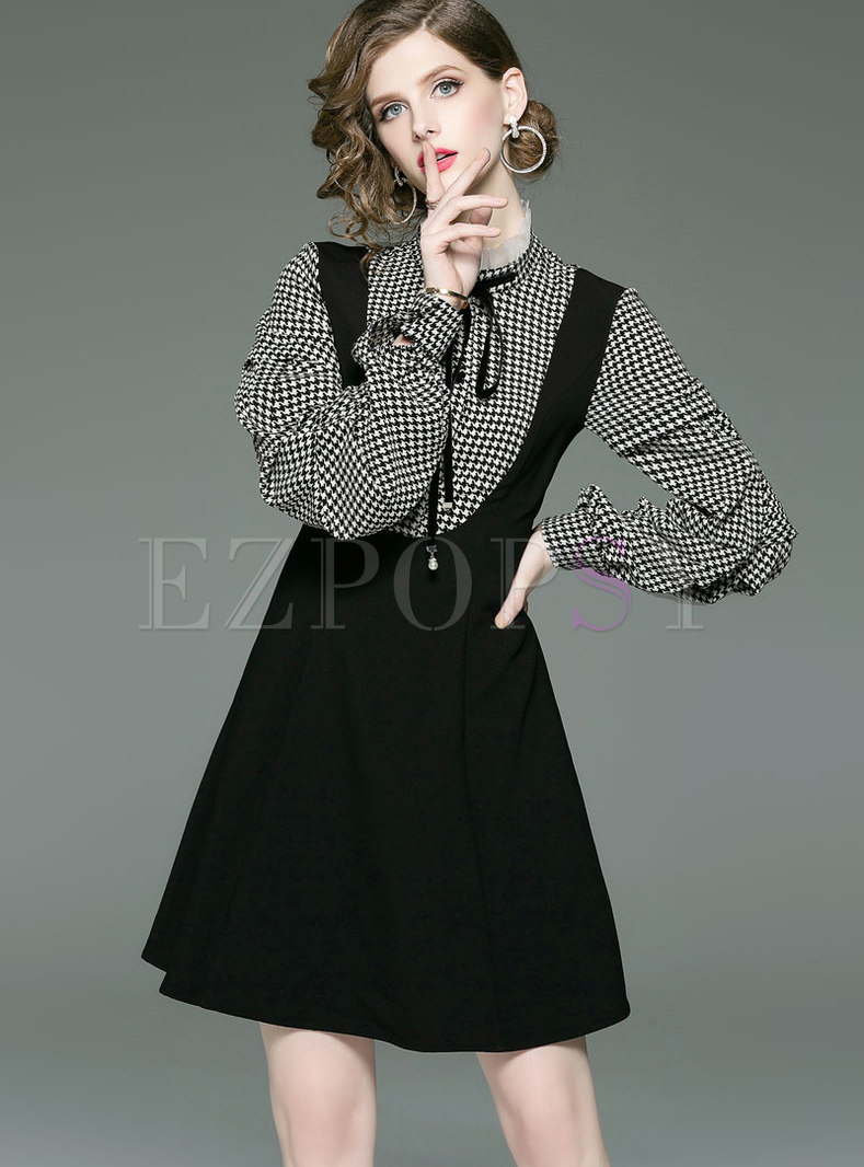 Trendy Stitching Houndstooth Skater Dress With Bowknot
