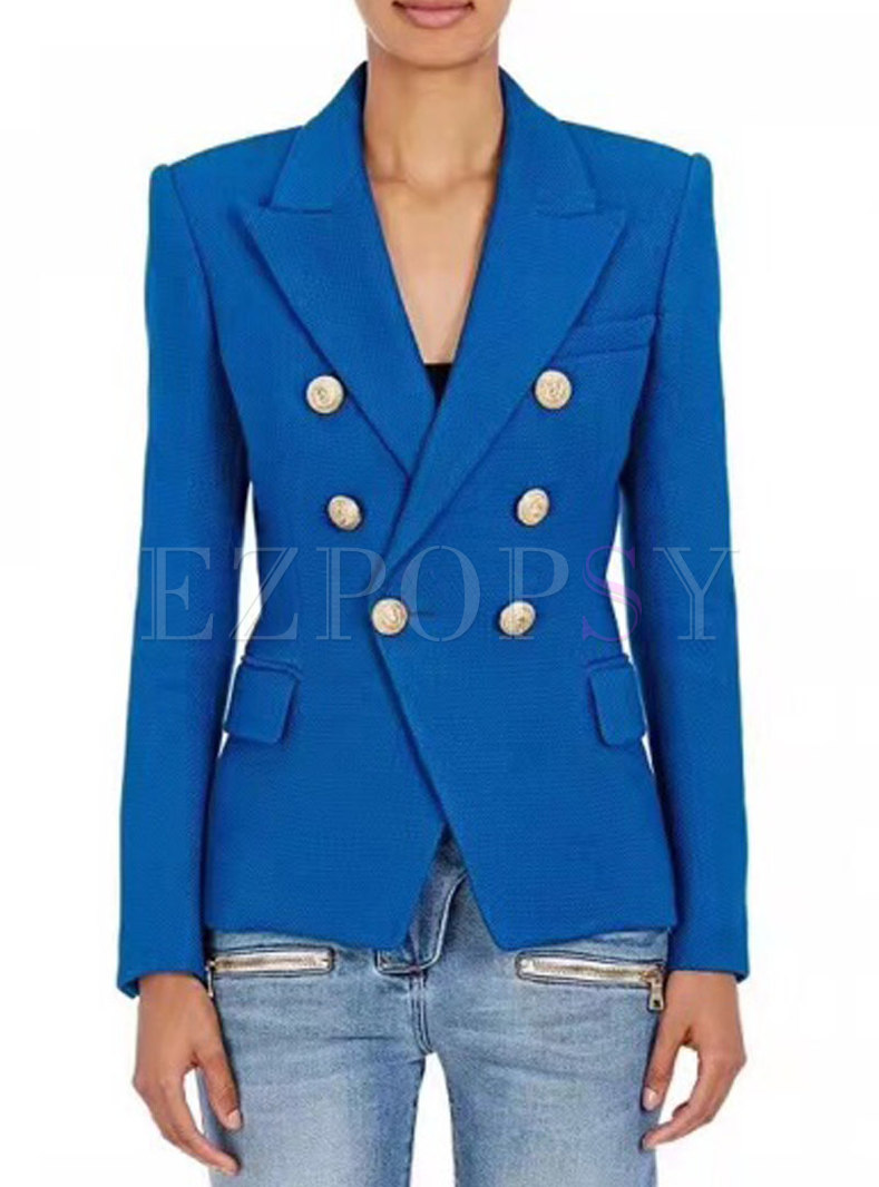 Royal Blue Notched Double-breasted Slim Short Blazer