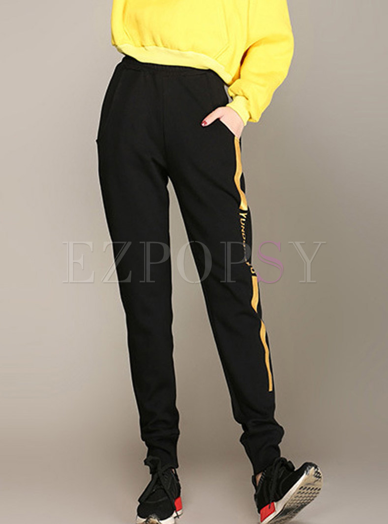 Casual Color-blocked Elastic High Waist Tied Pants