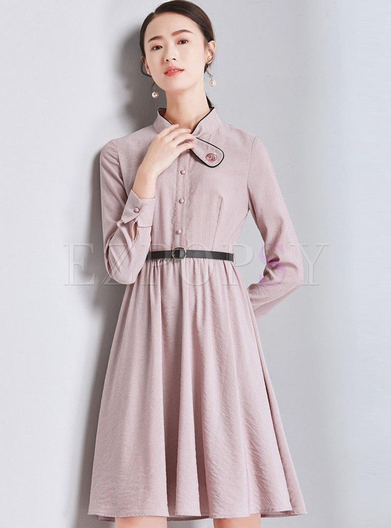 Pink Stand Collar Bowknot Belted Slim Skater Dress