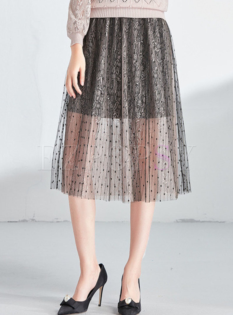Fashion Gauze Polka Dot High Waist Knee-length Skirt