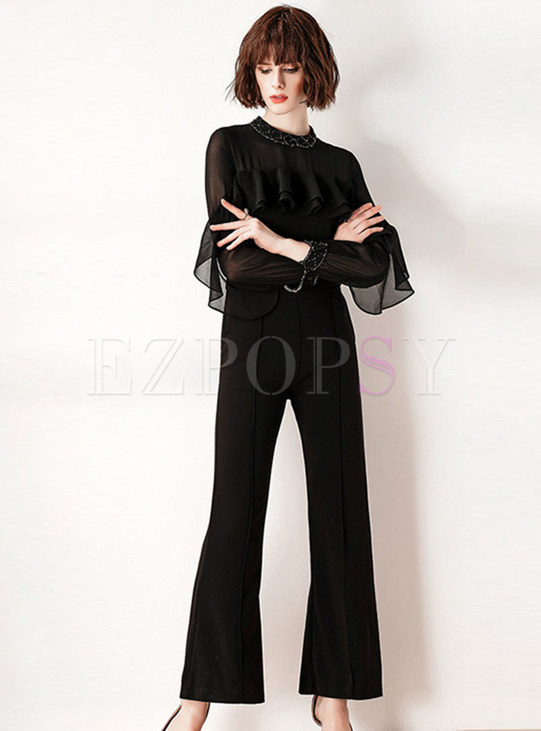 Sexy Drilling See-though High Waist Falbala Jumpsuit