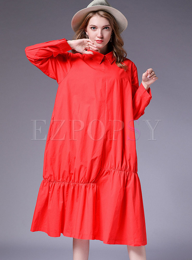 Fashion Red Turn-down Collar Cotton Shift Dress