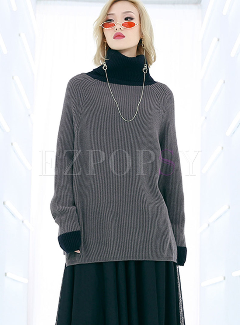 Chic Stitching Turtle Neck Hit Color Top