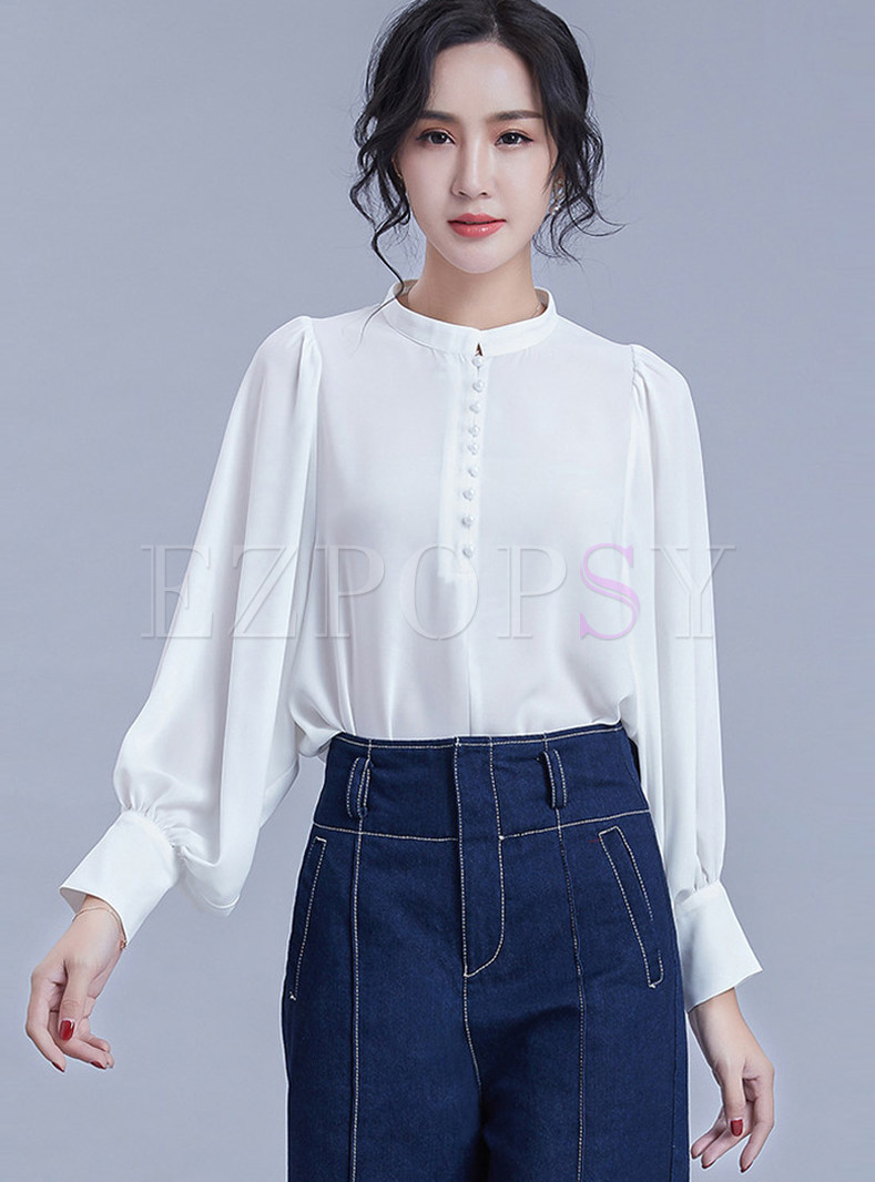Brief Solid Color Lantern Sleeve Pullover Blouse