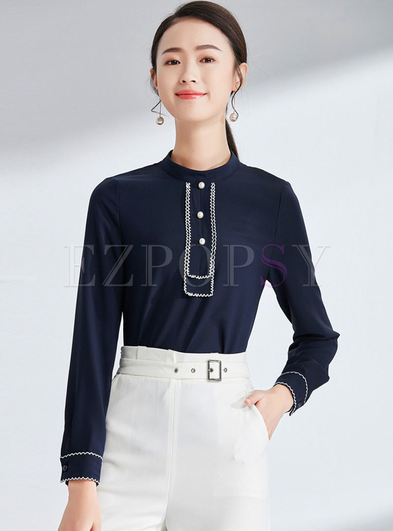 Color-blocked Stand Collar Beaded Pullover Chiffon Blouse