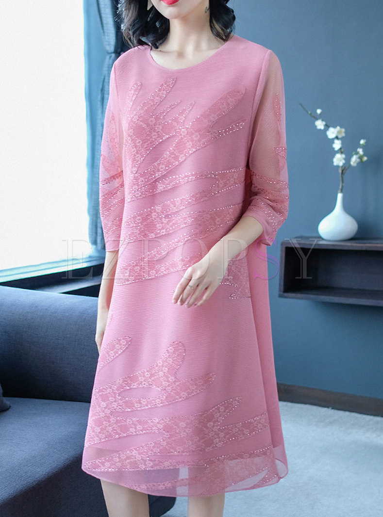 Pink Three Quarters Sleeve Plus Size Midi Dress