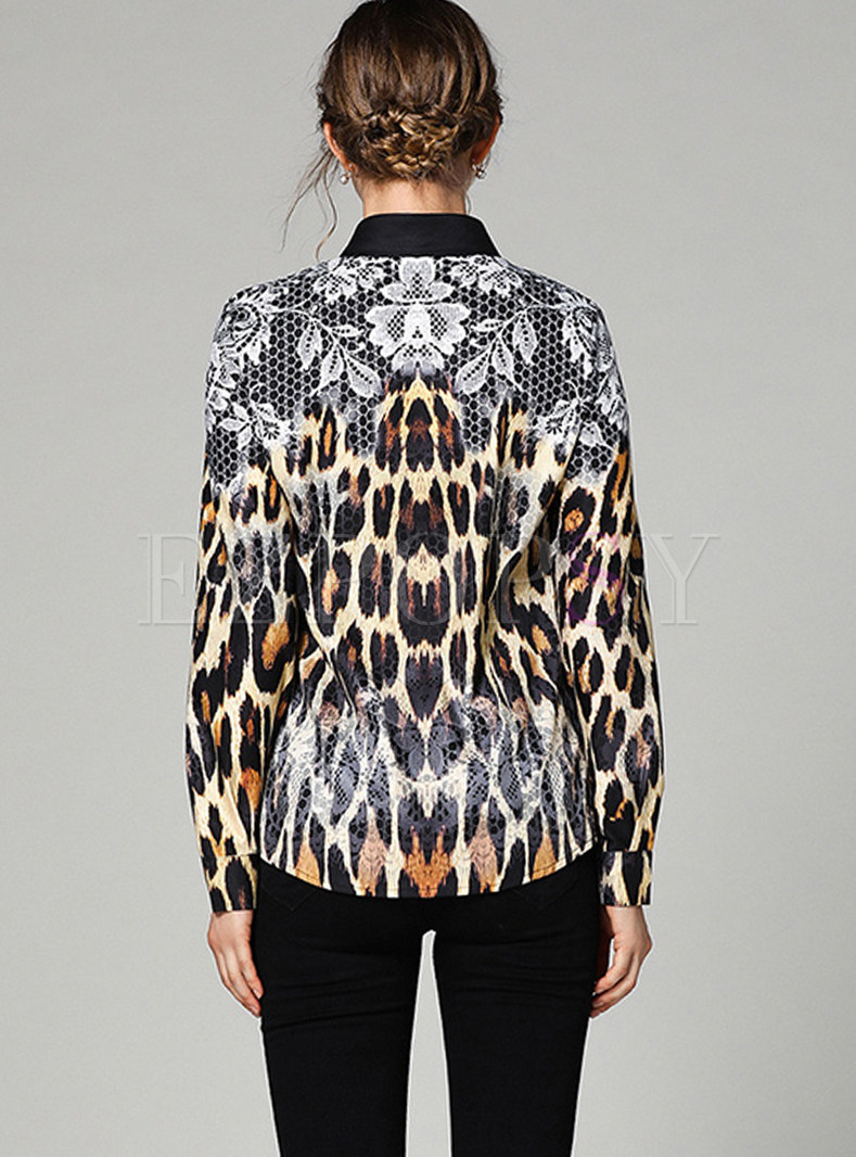 Tops | Blouses | Lapel Long Sleeve Single-breasted Leopard Blouse