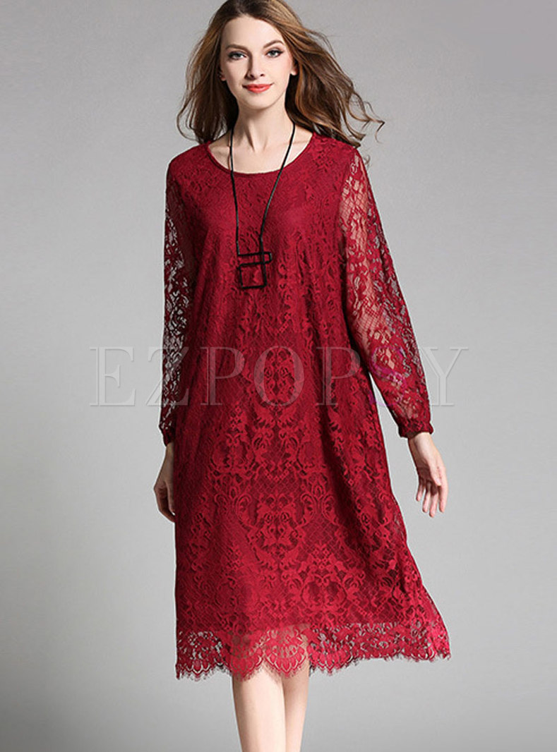 Fashion Lace Stitching Crew-neck Knee-length Dress