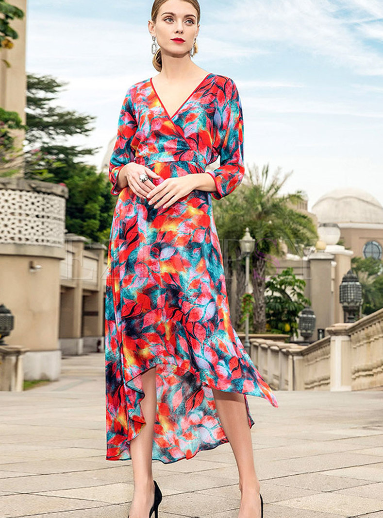 Stylish V-neck Hit Color Print Asymmetric Dress