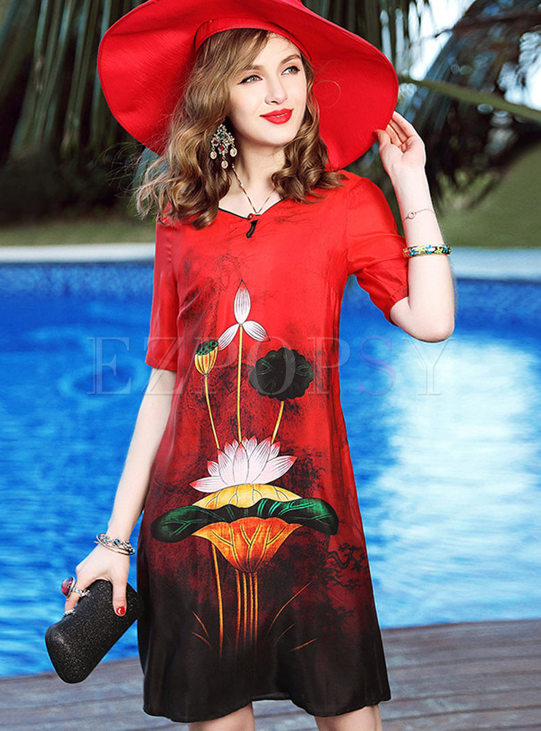 Red Elegant Short Sleeve All Over Print Loose Dress