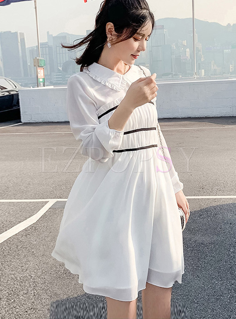 Sweet Doll Collar Long Sleeve Pleated Chiffon Dress