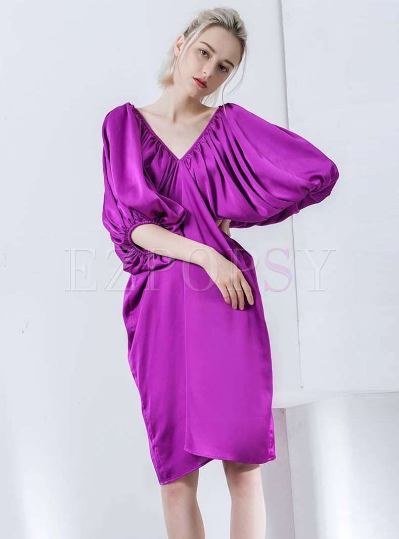 Purple Deep V-neck Cutout-Back Knee-length Loose Dress