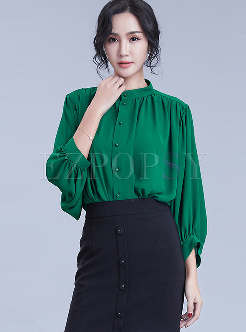 Brief Solid Color Single-breasted Chiffon Blouse