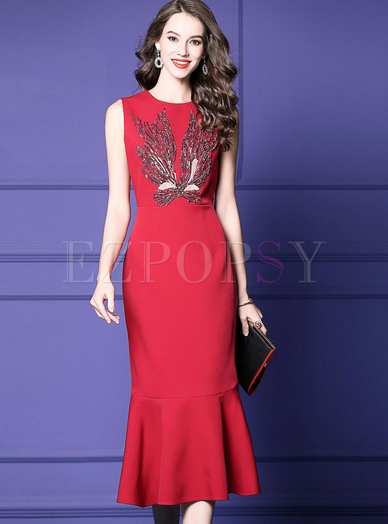 Party Sleeveless Pure Color Mermaid Wrap Dress