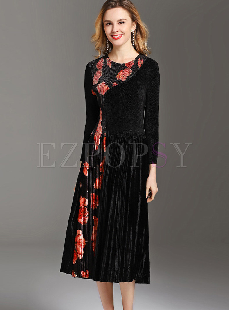 Casual O-neck Long Sleeve Print Splicing Pleated Dress