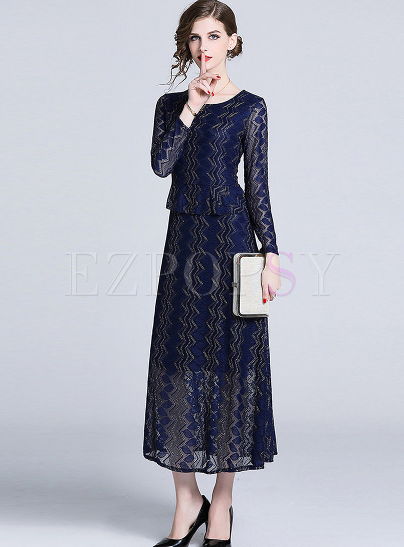 Brief Pure Color Long Sleeve Lace Falbala Maxi Dress