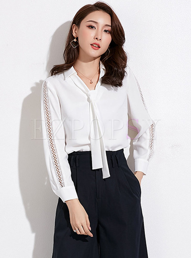 Tops | Blouses | Casual White Tie-neck Bowknot Chiffon Blouse