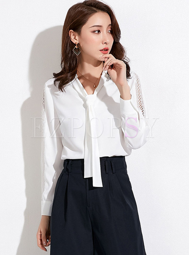 Tops | Blouses | Casual White Tie-neck Bowknot Chiffon Blouse