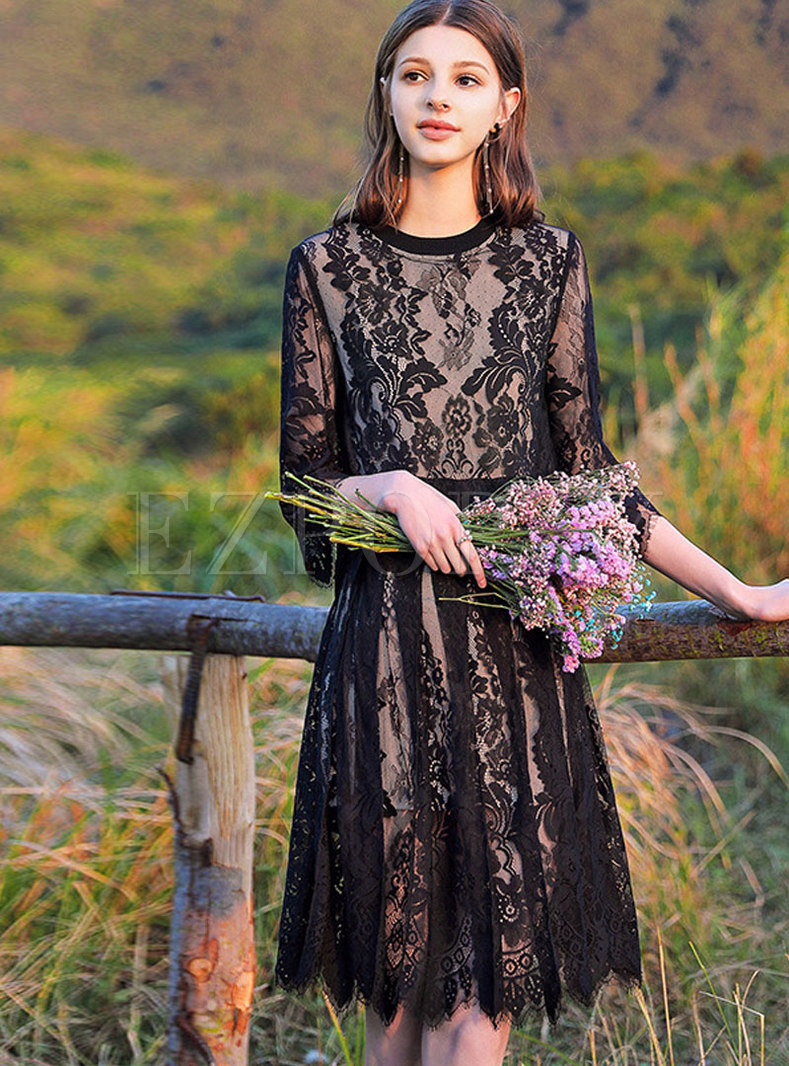  Lace-paneled Three Quarters Sleeve Hollow Out Dress