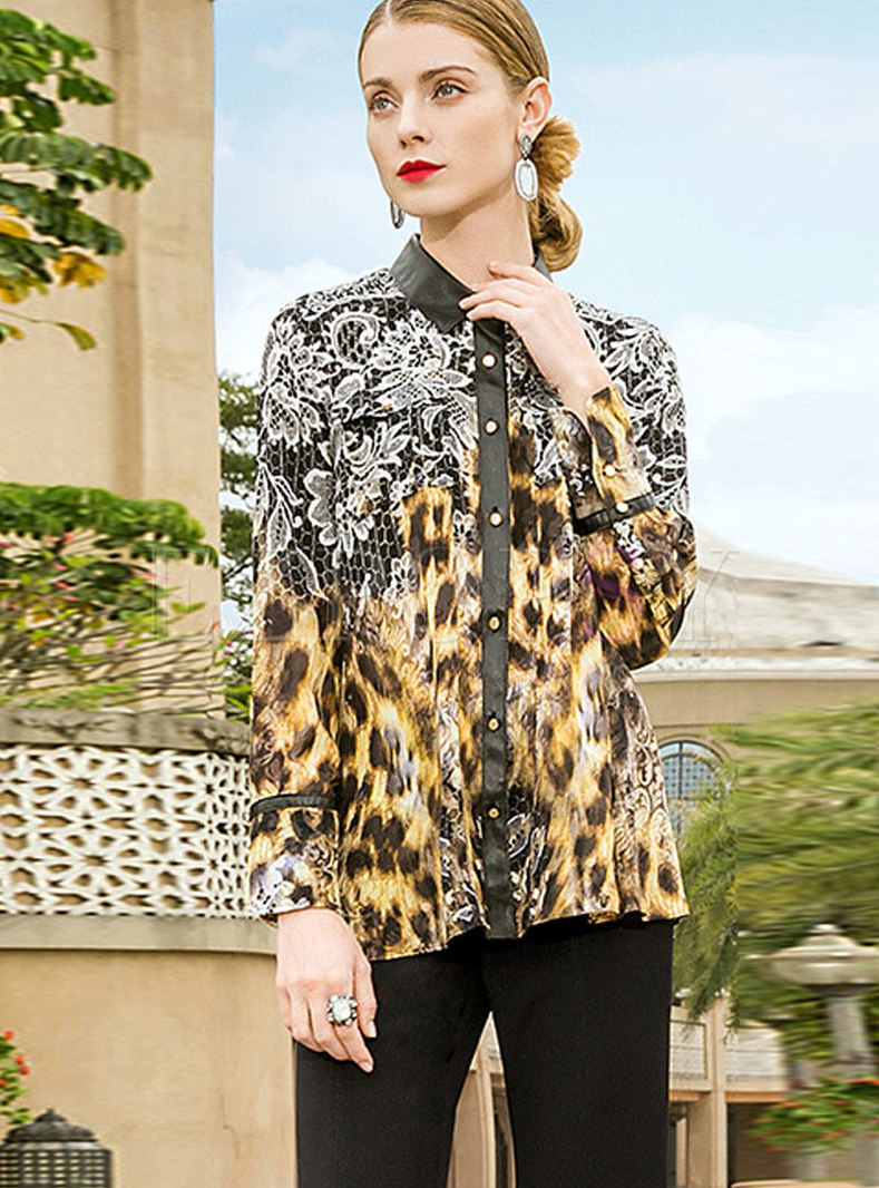 Trendy Turn-down Collar Leopard Print Blouse