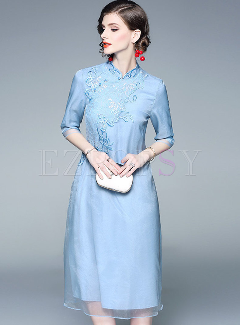 Retro Stand Collar Embroidered Half Sleeve Loose Dress
