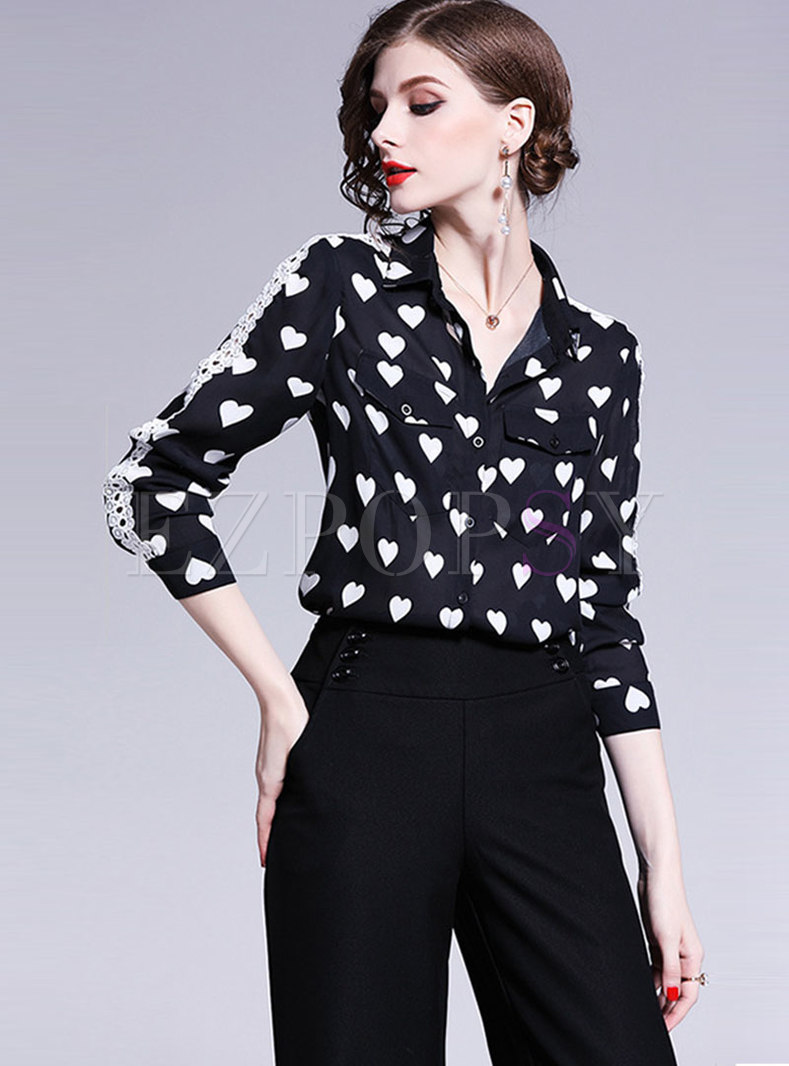 Lace Splicing Heart Pattern Lapel Single-breasted Blouse