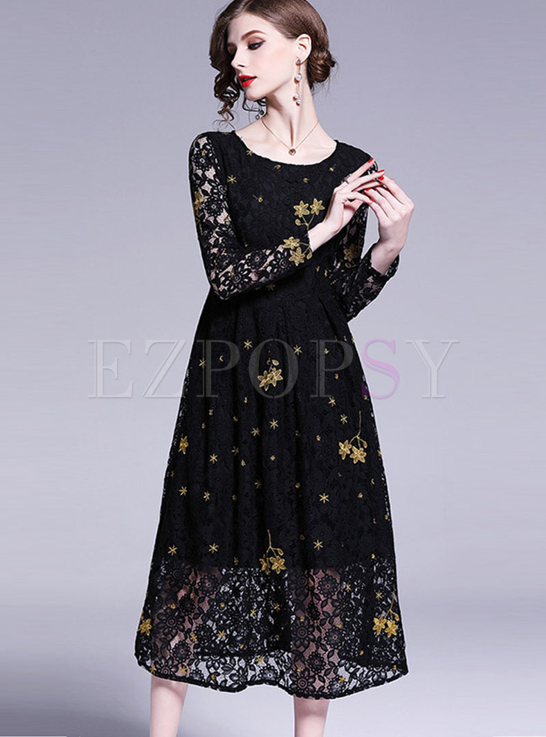 Chic Embroidered O-neck Gathered Waist Slim Lace Dress