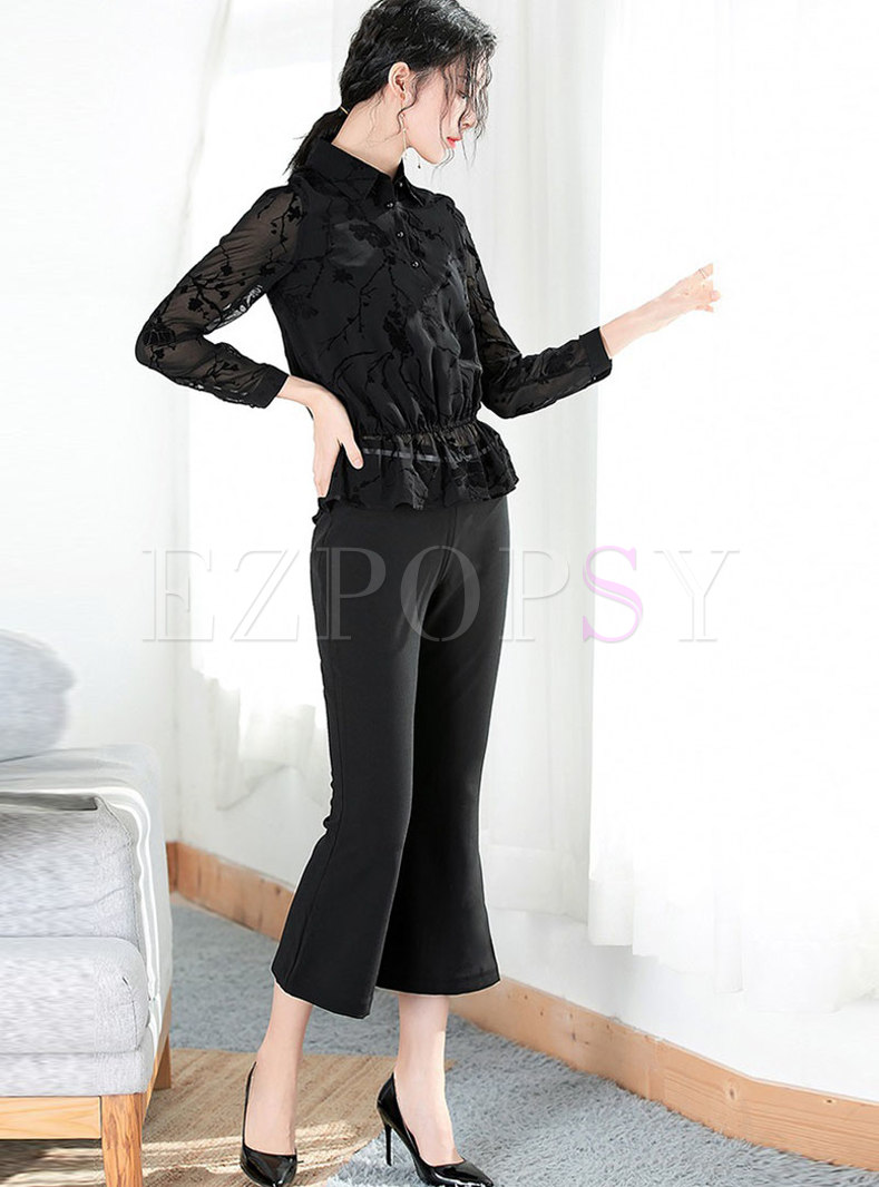 Black Lace Ruffled Top & Elastic High Waist Skinny Pants
