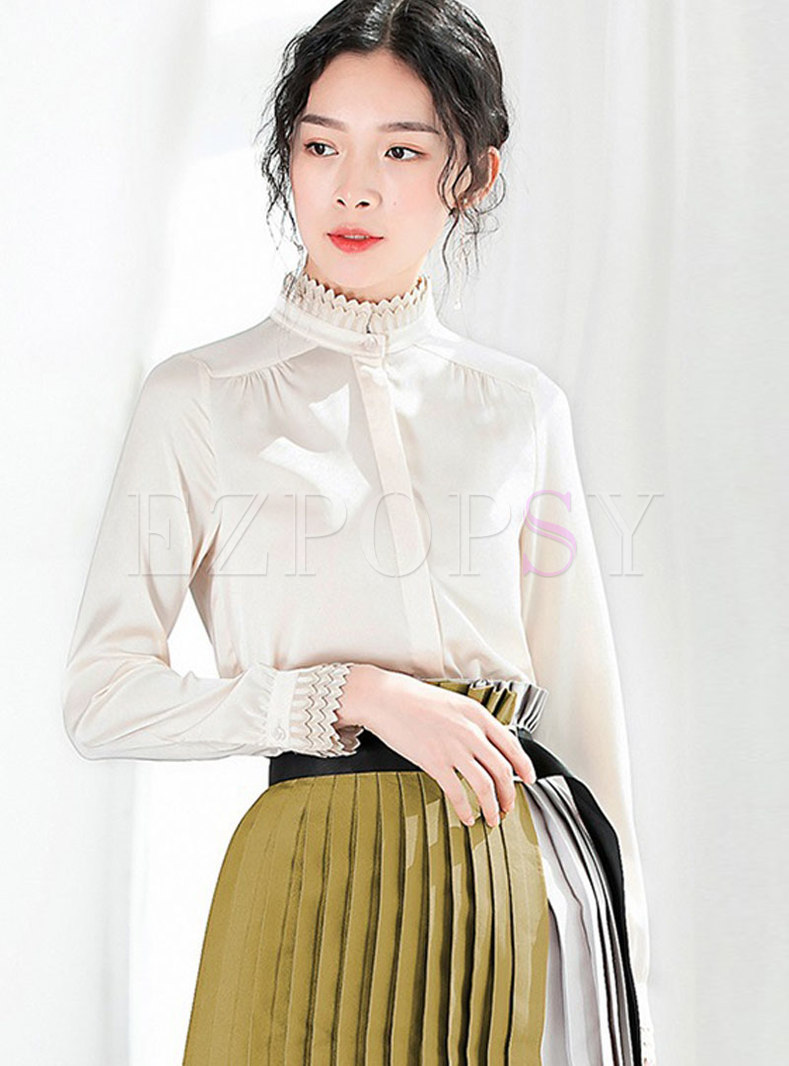 Apricot Standing Collar Long Sleeve Silk Pullover Top