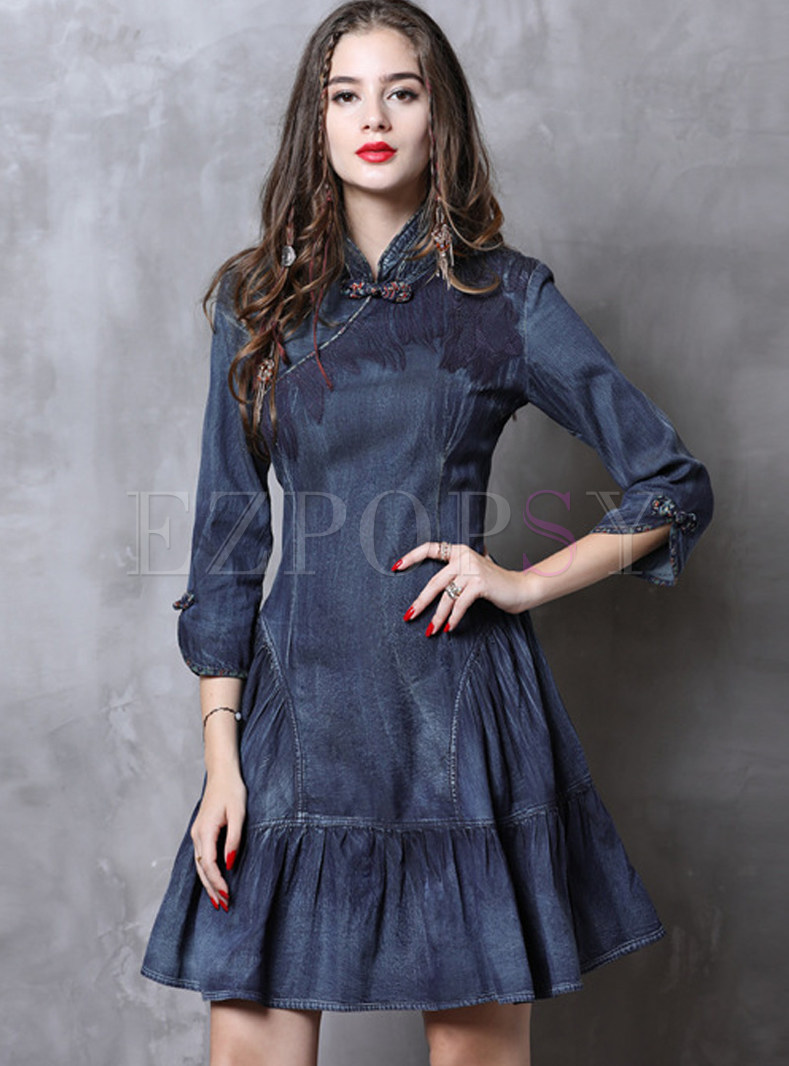 Dresses | Skater Dresses | Mandarin Collar Falbala Slim Mini Denim Dress