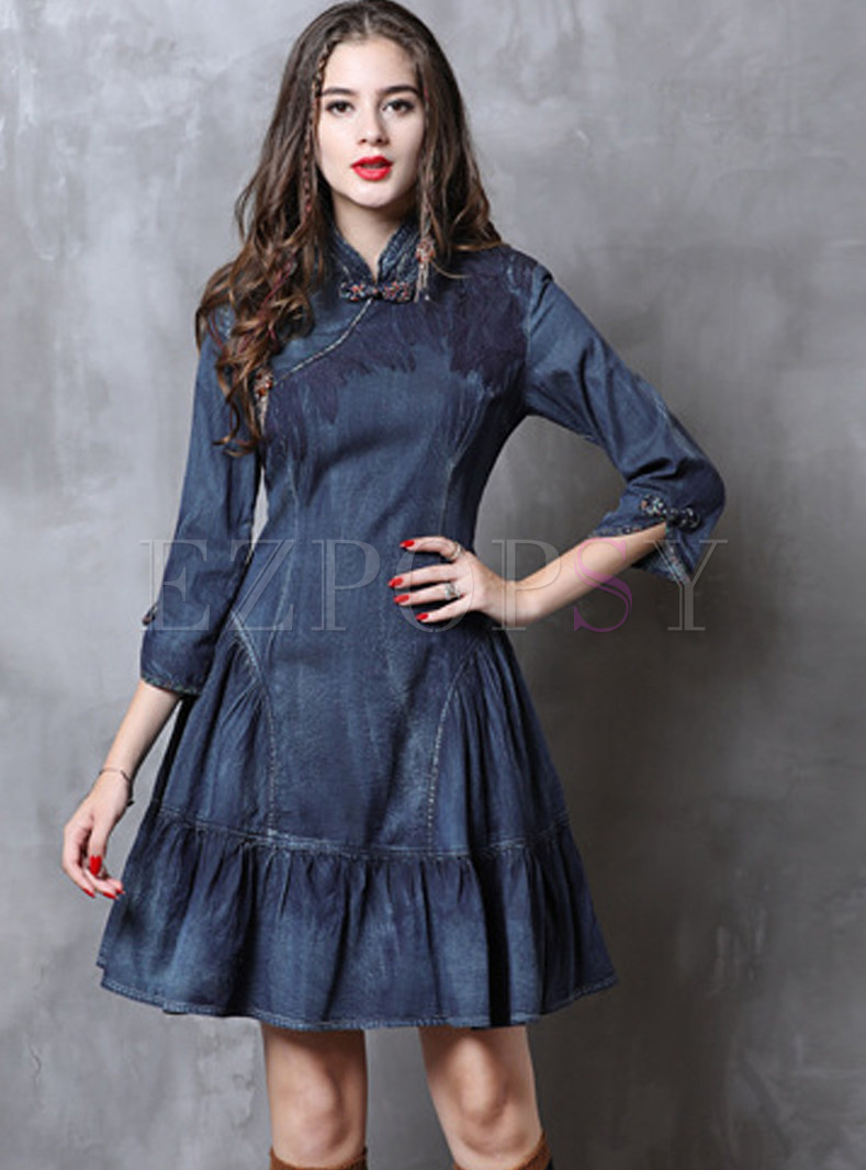 Dresses | Skater Dresses | Mandarin Collar Falbala Slim Mini Denim Dress