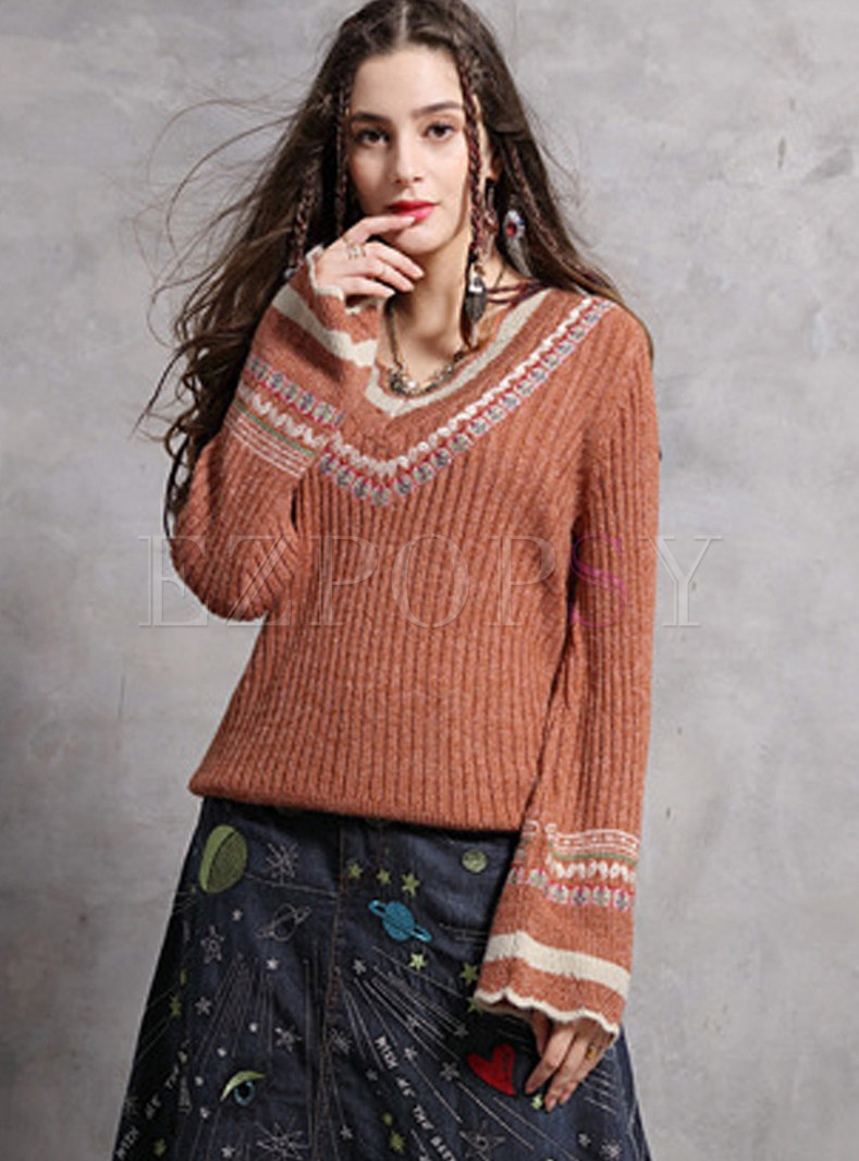 Casual V-neck Flare Sleeve Embroidered Pullover Sweater