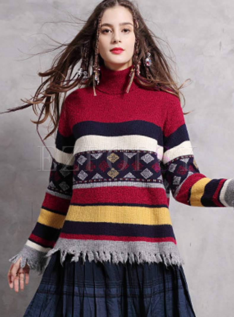 High Neck Color-blocked Striped Tassel Pullover Sweater