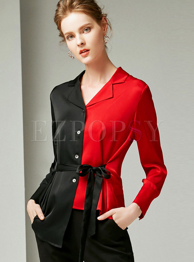 Chic Color-blocked Belted Silk Splicing Blouse