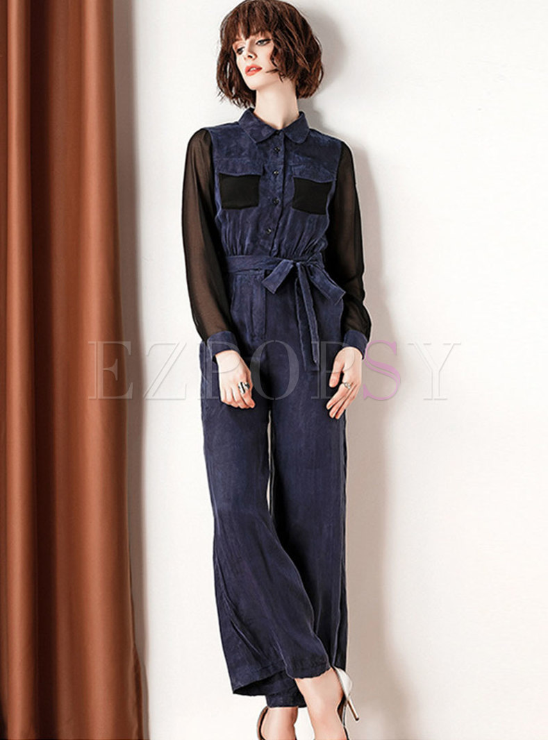 Fashion Mesh Splicing Lapel Belted Jumpsuit