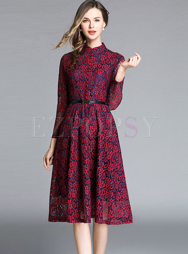Fashion Standing Collar Long Sleeve Hollow Out Lace Dress