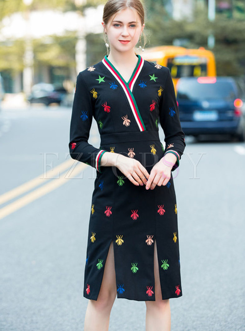 Stylish Multi Color Embroidered V-neck High Waist Slit Sheath Dress