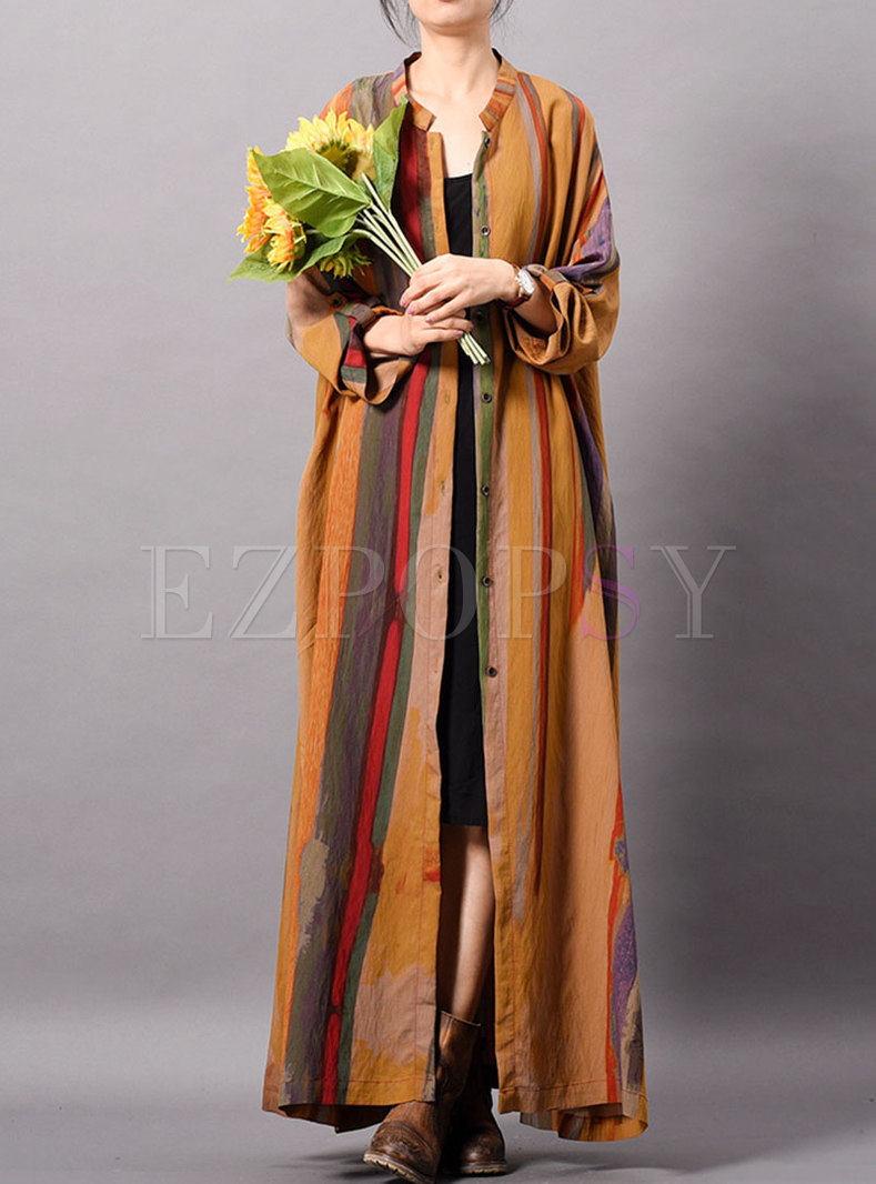 Casual Striped Stand Collar Single-breasted Long Coat