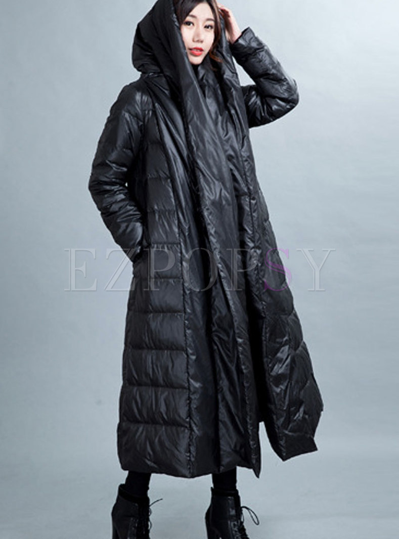 Outwear | Down Coats | Plus Size Hooded Tie-waist Thicken Long Puffer Coat