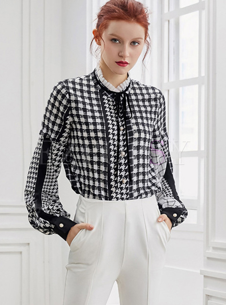 Trendy Standing Collar Tied Splicing Plaid Blouse