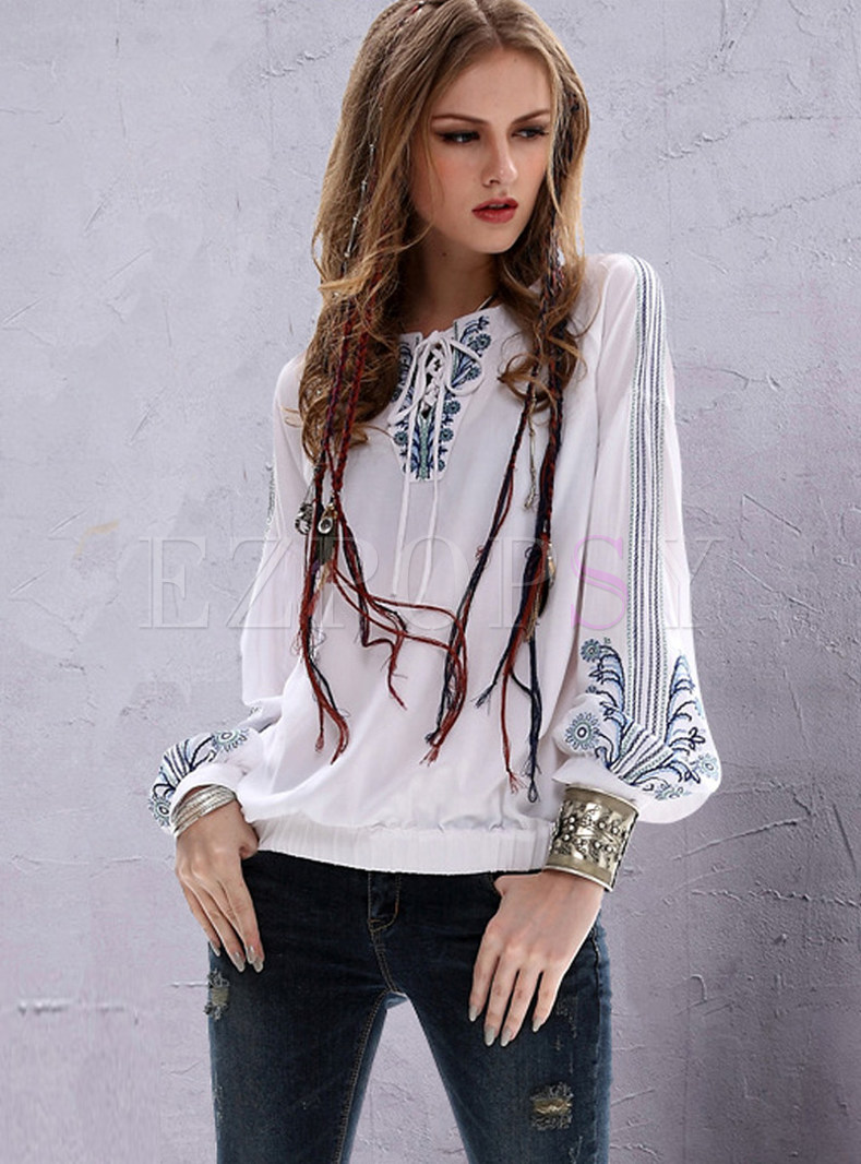 Retro Lantern Sleeve Tied Embroidered Loose Blouse