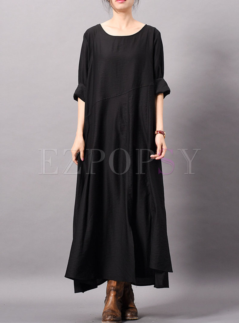 Brief Black Long Sleeve O-neck Slit Loose Maxi Dress