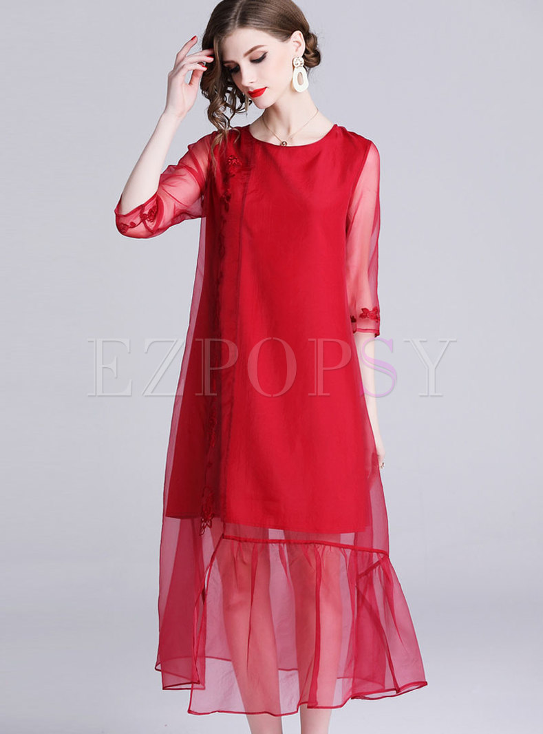 Fashion Red Mesh Stitching High Waist A Line Dress